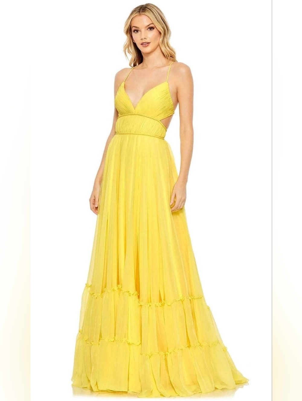 Mac Duggal Tier Cut Out Yellow Chiffon